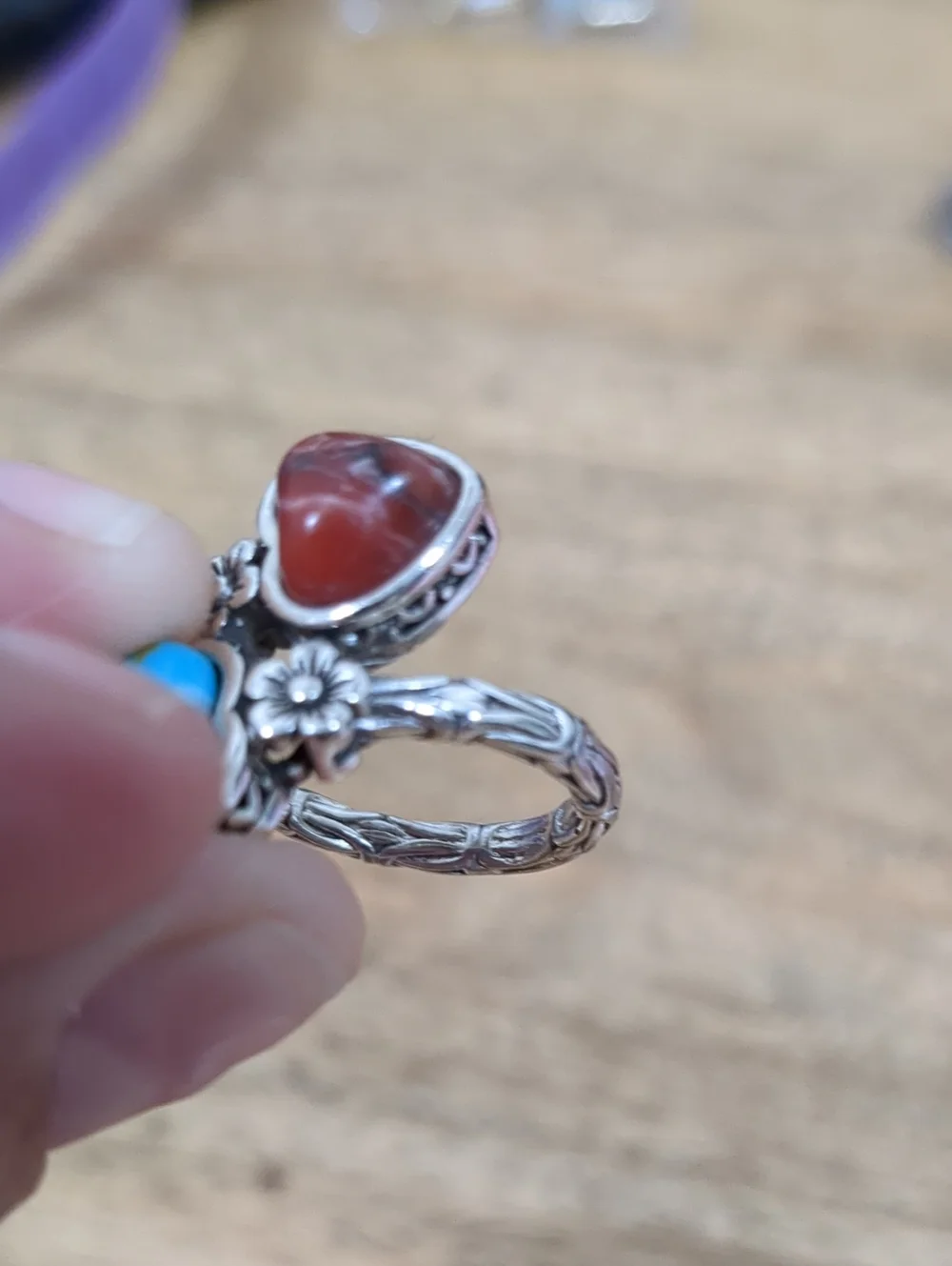 Silver Plated Heart Stone Double Ring - Turquoise Blue & Red Jasper